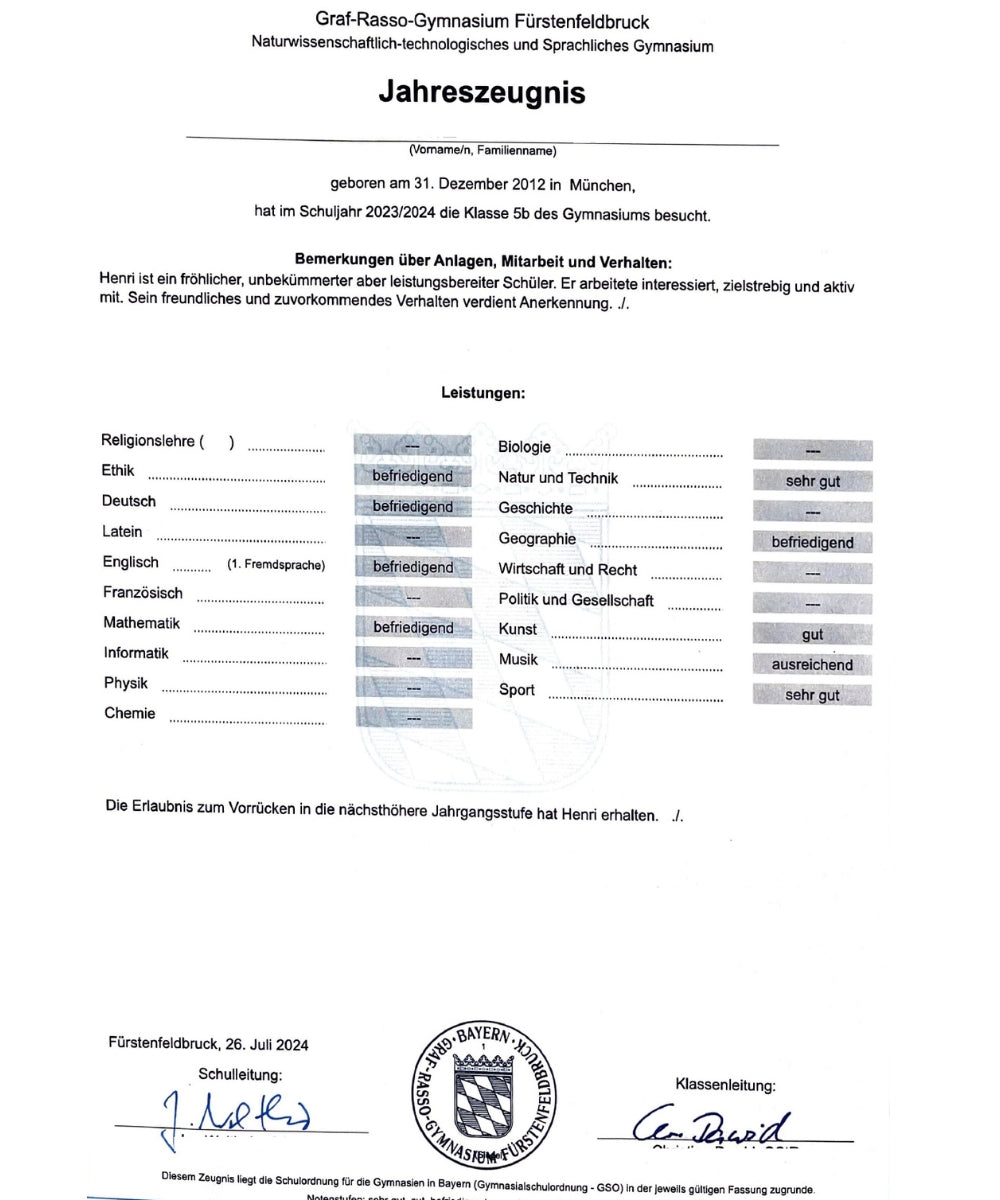 ÜBERSETZUNG SCHULZEUGNIS