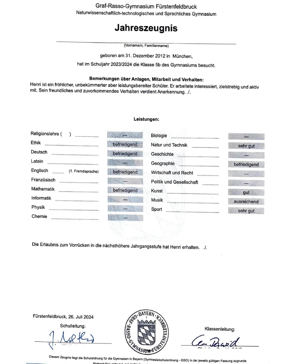 ÜBERSETZUNG SCHULZEUGNIS