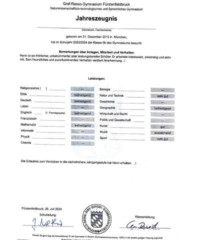 ÜBERSETZUNG SCHULZEUGNIS